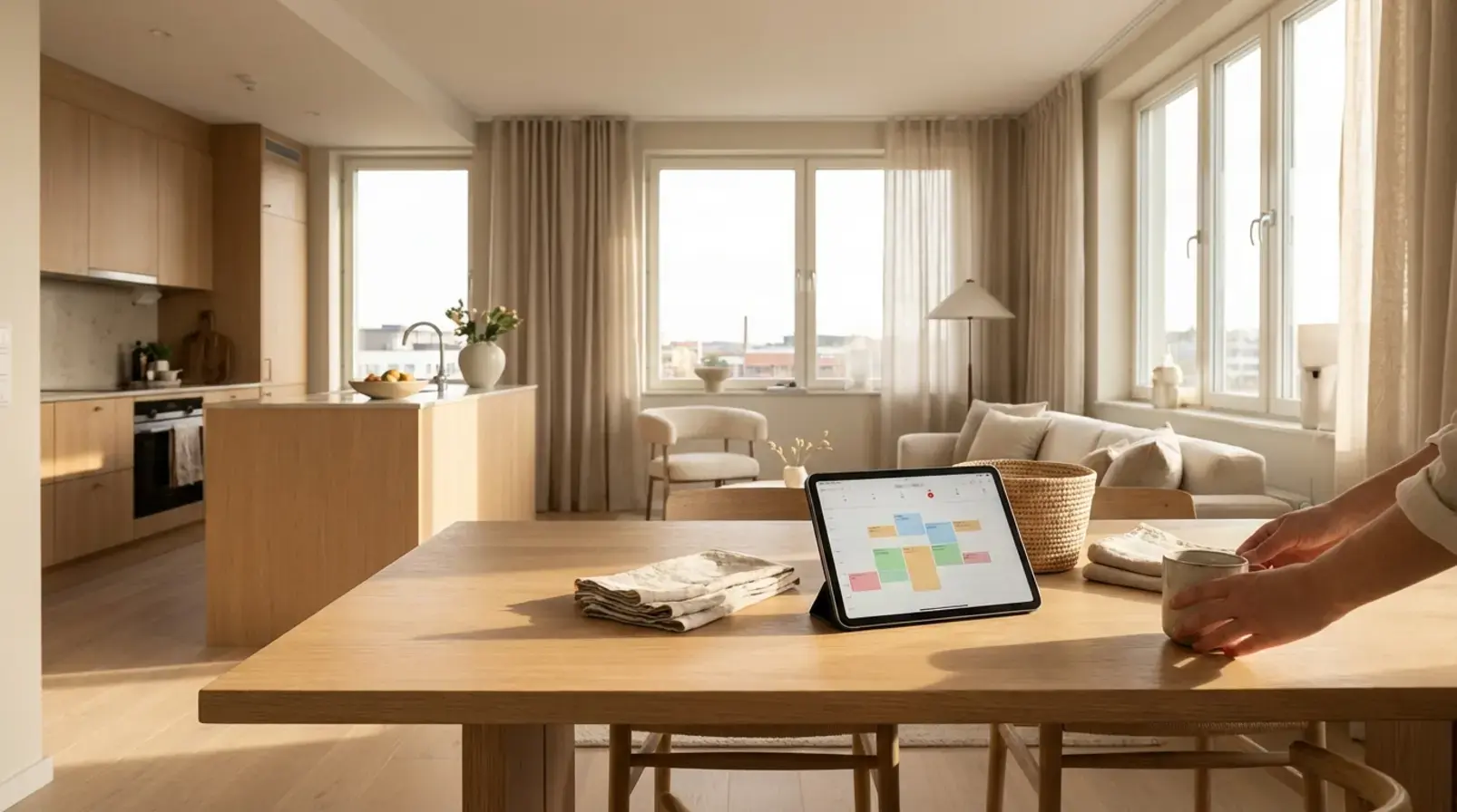 Ménage de turnover avec checklist sur téléphone et matériel de nettoyage dans un appartement