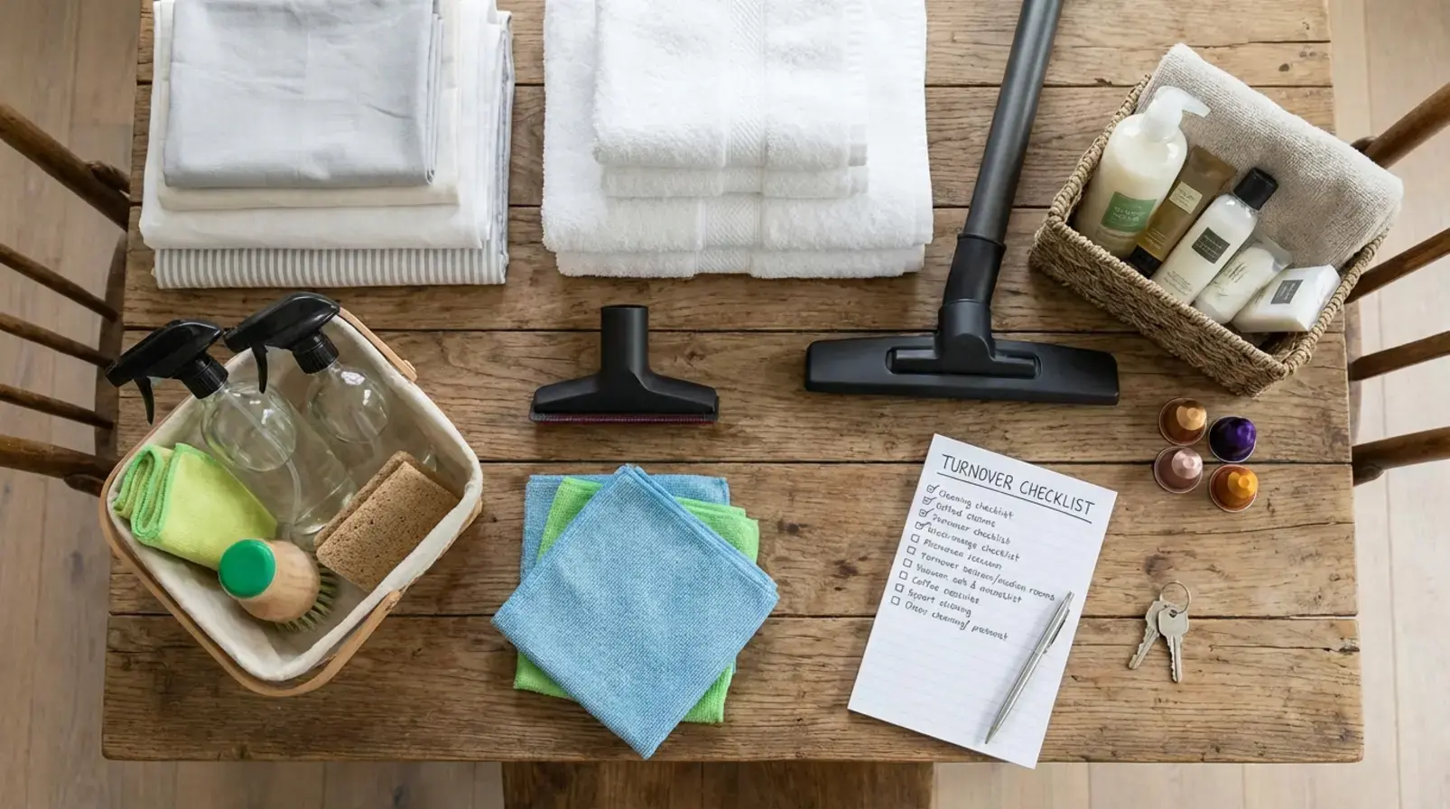 Flatlay d’une checklist de turnover Airbnb avec produits de ménage, microfibres et sacs linge