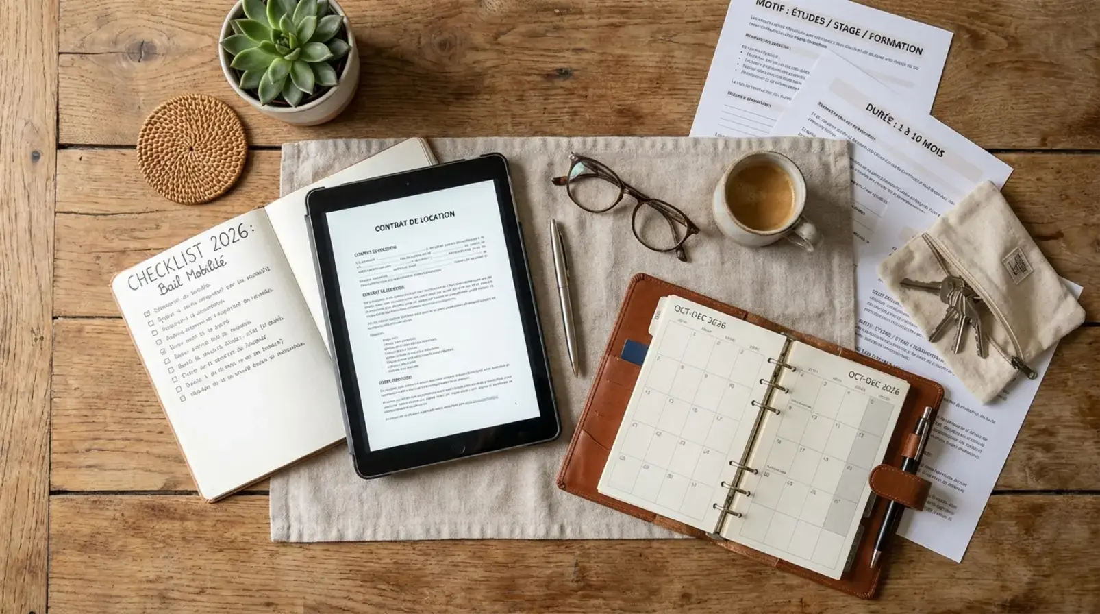 Checklist de justificatifs pour bail mobilité avec documents floutés et enveloppe