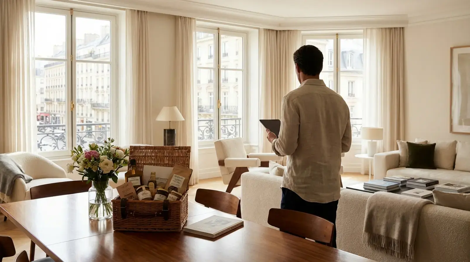 Contrat de location et trousseau de clés sur une table dans un appartement parisien, concept de conciergerie Airbnb avec loyer garanti