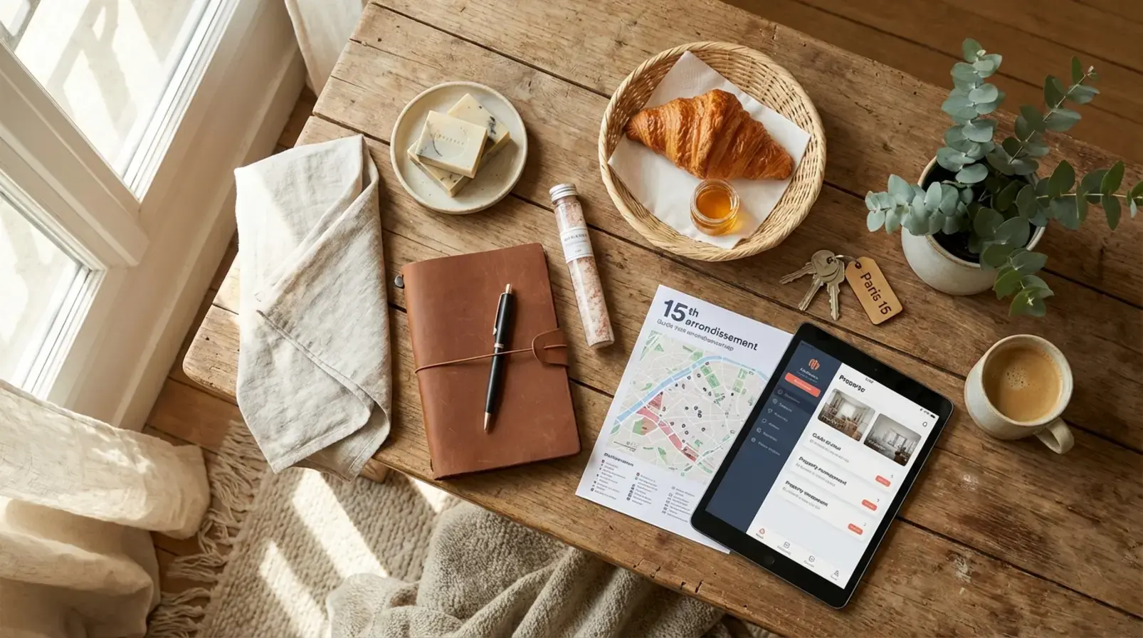 Kit opérationnel de conciergerie : linge plié, produits de ménage et trousseau de clés pour location courte durée à Paris 15
