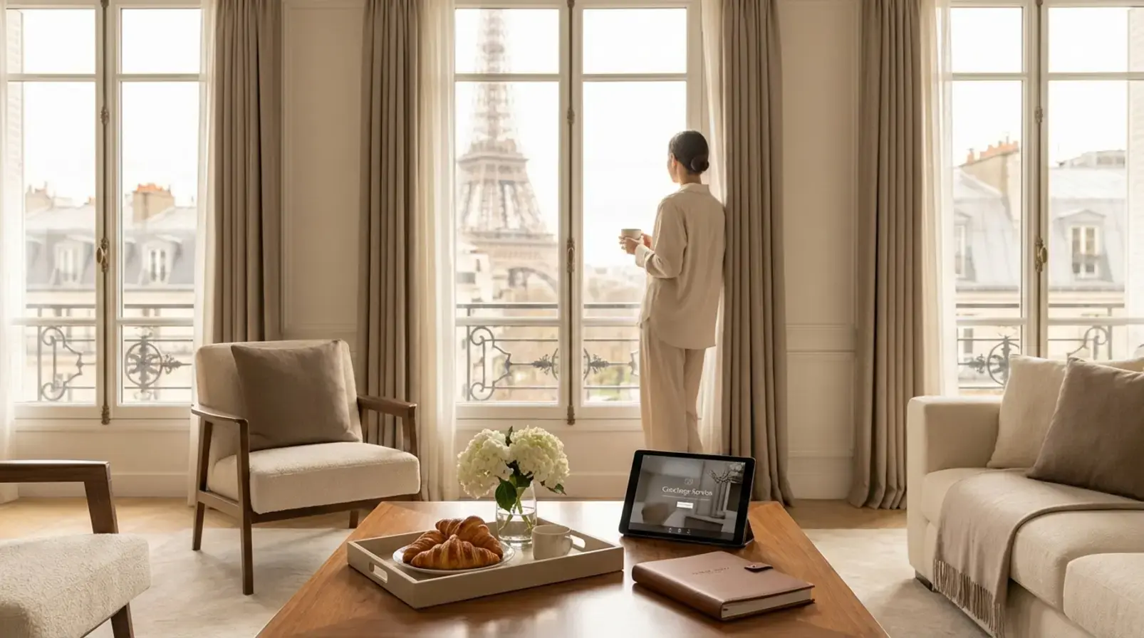 Propriétaire comparant des offres de conciergerie Airbnb à Paris sur un bureau avec documents et ordinateur