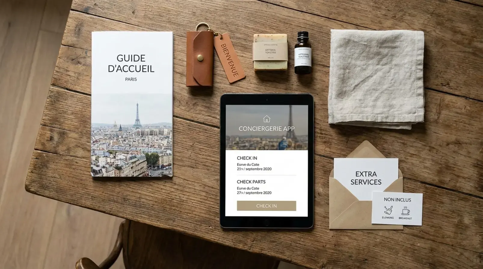 Kit opérationnel de conciergerie Airbnb à Paris avec clés, étiquette neutre, produits de ménage et linge plié
