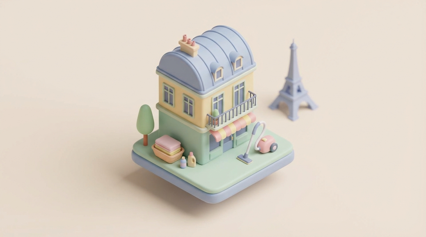 Kit de ménage pour location Airbnb posé sur un plan de travail dans un appartement parisien