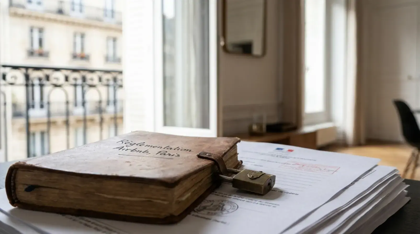 Documents de réglementation et formulaire d'enregistrement pour location meublée à Paris sur un bureau