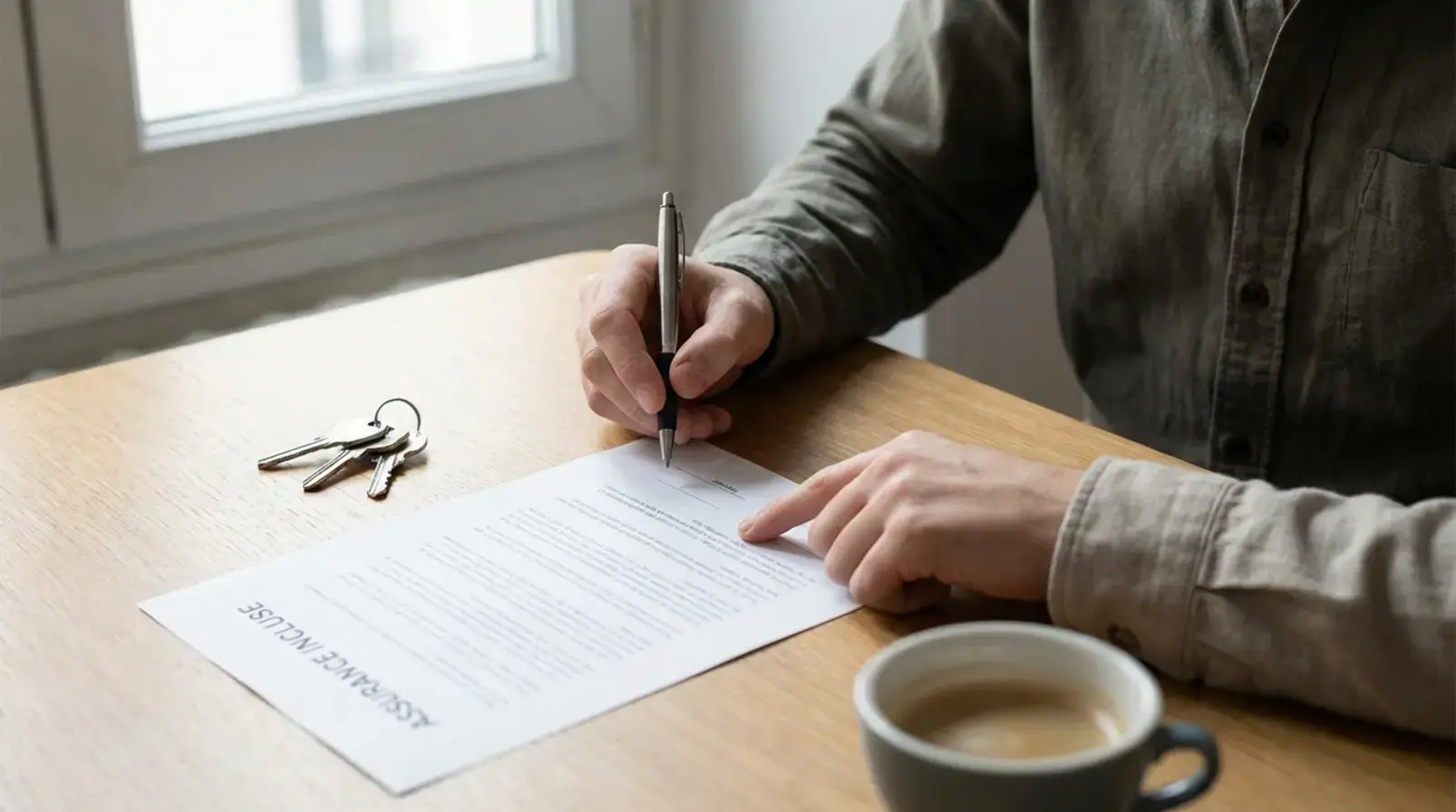 Attestation d’assurance habitation et responsabilité civile posée avec un classeur et un jeu de clés