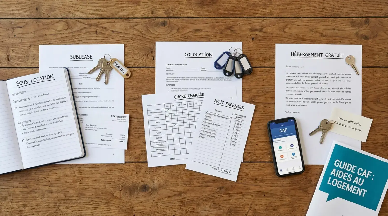 Clés, bail et état des lieux pour illustrer la différence sous-location, colocation et hébergement