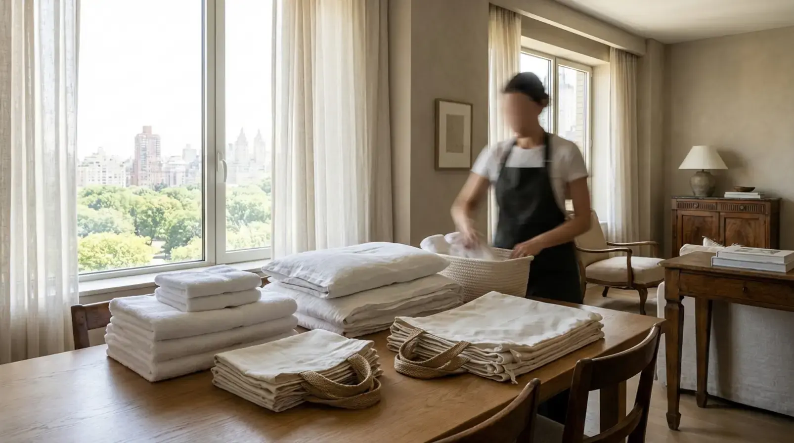 Kits de linge pliés (draps et serviettes) prêts pour une rotation en location courte durée à Paris