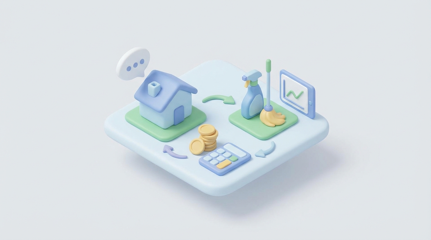 Kit de ménage et linge propre prêt pour une rotation Airbnb dans un appartement